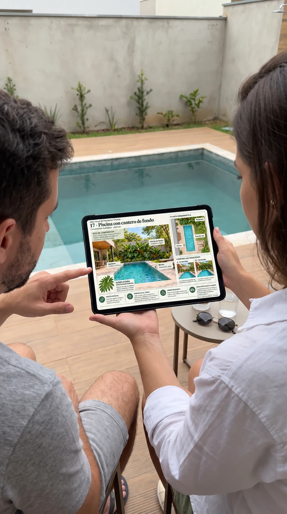 Consulta ilustrativa del Atlas en una tablet junto a la piscina