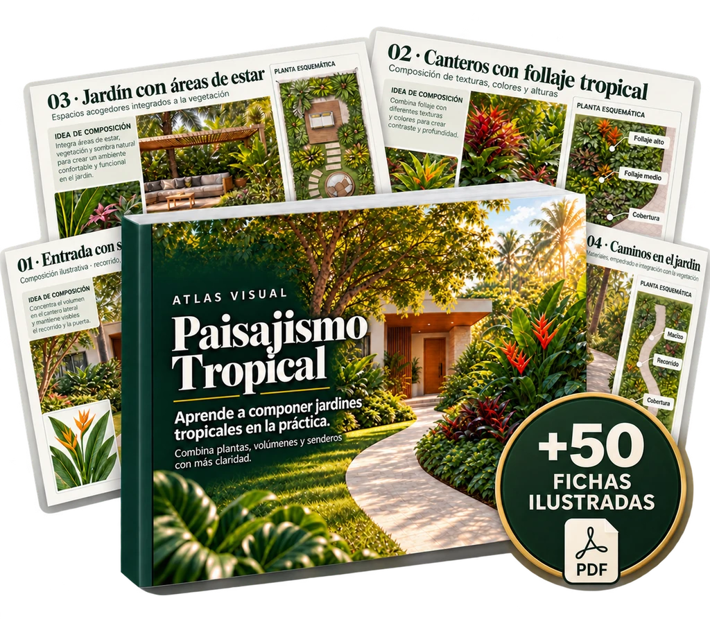 Presentación digital del Atlas Visual de Paisajismo Tropical con fichas ilustradas y sello de +50 fichas
